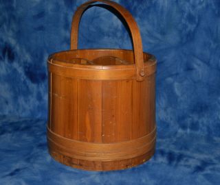 Large Vintage Antique Primitive Wood Firkin Sugar Bucket Wood Dividers Handle