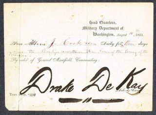 Civil War 3 Day Pass 1861/by Order General Mansfield/signed Drake De Kay