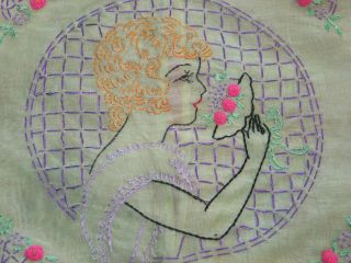 Antique Vintage Hand Embroidered French Boudoir Pillow Sham,  Romantic Woman