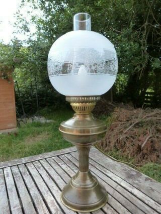 Lovely Antique Vintage Brass & Glass Globe Oil Lamp Converted To Electric