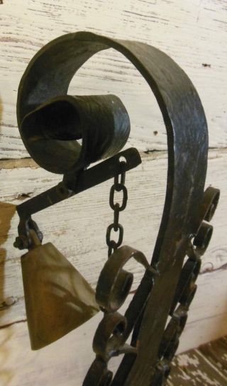 ANTIQUE SHOP KEEPERS BELL HAND WROUGH SCROLLED HEARTS IRON AND BRASS 8