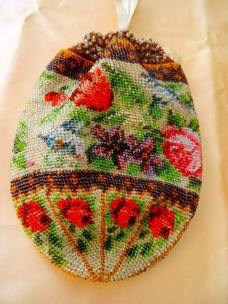 A Antique Micro Beaded Floral Bag Roses Poppies Corn Flowers
