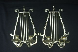 Vintage Antique Solid Brass Wall Sconces Candlesticks Lyre Harp Design