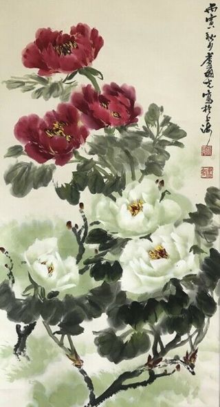Japanese Hanging Scroll Kakejiku Buddhist Pony Flower Hand Paint Antique S94