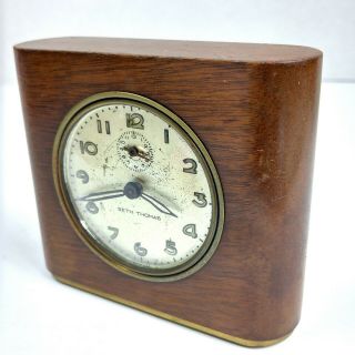 Vintage Seth Thomas Mid - Century Wooden Wind - Up Desk Alarm Clock Brass Base