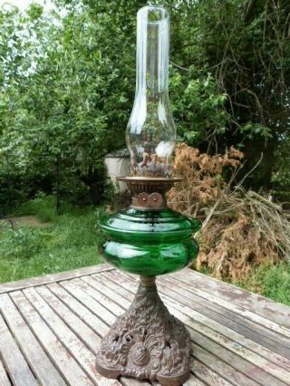 Lovely Antique Green Glass & Cast Metal Oil Lamp By Wright & Butler Birmingham