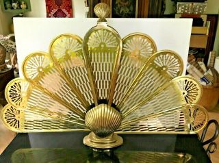 Vintage Ornate Brass Fireplace Screen Fan Seashell Shell 25 " Tall