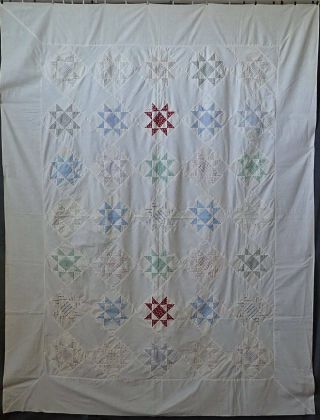 Shirting Prints & Pastels CRISP Antique c1880 White Ohio Star QUILT TOP 88x66 3