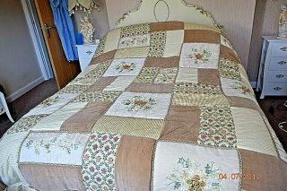 Vintage French Patchwork Quilt Hand Made Embroidered Ribbons