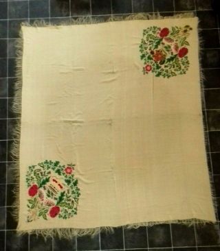 Antique Victorian Textile Piano Shawl.  Embroidered.  Strong Colors.  63.  5 X 54.  5in