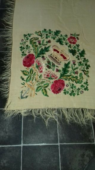 ANTIQUE VICTORIAN TEXTILE PIANO SHAWL.  EMBROIDERED.  STRONG COLORS.  63.  5 x 54.  5in 5