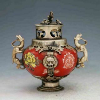 Fine China Antique Porcelain Inlaid Silver Copper&monkey Lid Incense Burner