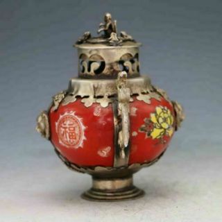 Fine China Antique Porcelain Inlaid Silver Copper&Monkey Lid Incense Burner 3