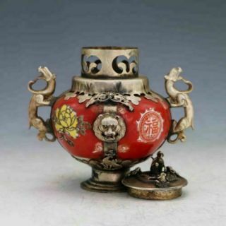 Fine China Antique Porcelain Inlaid Silver Copper&Monkey Lid Incense Burner 5