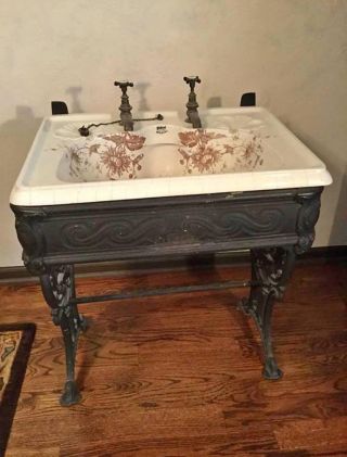 Victorian Antique Porcelain Sink With Faucets And Iron Stand
