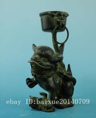 Chinese old fengshui copper hand - carved unicorn Pi Xiu statue candlestick f02 2
