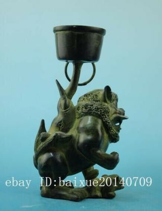 Chinese old fengshui copper hand - carved unicorn Pi Xiu statue candlestick f02 4