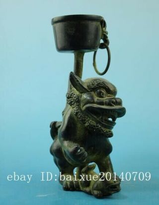 Chinese old fengshui copper hand - carved unicorn Pi Xiu statue candlestick f02 5