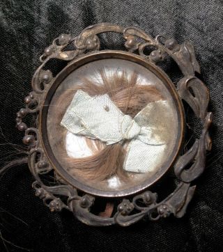 Antique Art Nouveau Victorian Hair Lock Ribbon Miniature Frame Mourning Locket