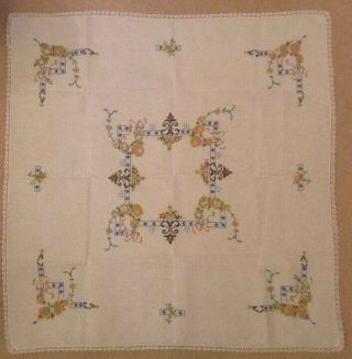 Vintage Hand Embroidered Cross Stitch Linen Tablecloth Flowers Antique Fabric