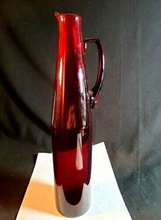 Tall Mid - Century Modern Hand Blown Ruby Glass Pitcher W Applied Handle