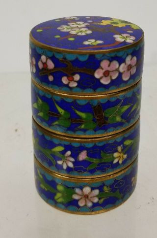 Antique Style Chinese Vintage Stacking Small Cloisonne Round Box Set Landscape