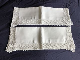 Pair Vintage White Irish Linen Oxford Style Pillow Cases Crochet Edgings