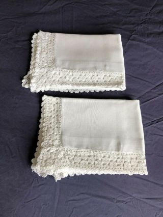 Pair Vintage White Irish Linen Oxford Style Pillow Cases Crochet Edgings 7