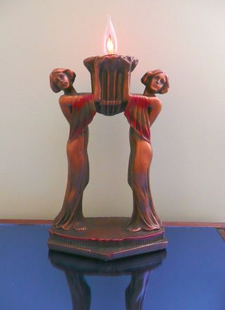 Vintage Art Deco Lamp - Nymph Pair - 1930s - Plaster - Bronze