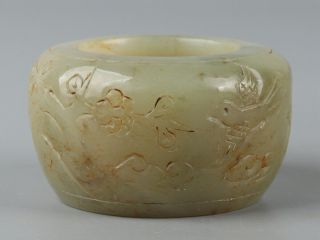 Chinese Exquisite Hand - carved Flower and bird carving Hetian jade Brush washer 2