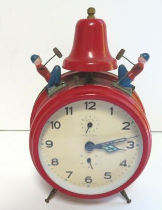 Vintage Turn Of Century German Alarm Clock With Animated Workmen Hitting Bell
