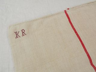 20x42 Vtg Antique Monogram Red Stripe European Hemp Linen Feed Sack Grain Bag