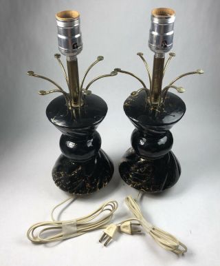 PAIR MID CENTURY MODERN LAMPS BLACK GOLD ATOMIC TABLE LIGHT CERAMIC MCM 3