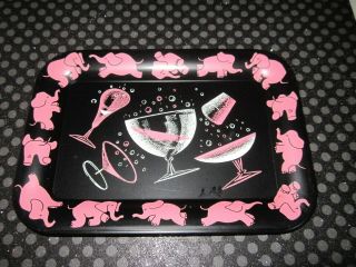8 Retro Small Drink/bar Trays Black/pink Elephants Metal Lithograph 4 " X 6 "
