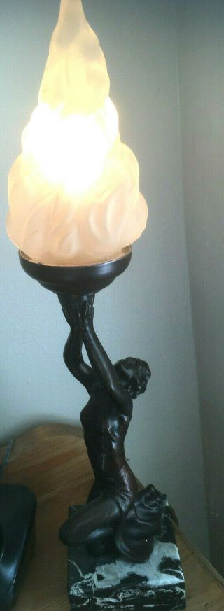 Art Deco Table Lamp - Marble Base - Naked Lady; Rewired; Flaming Torch Shade (k)