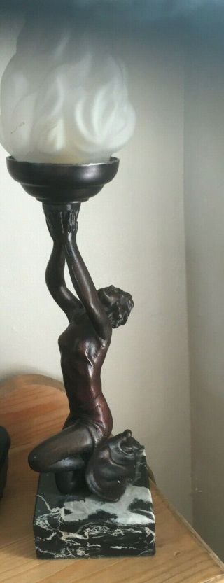 Art Deco table lamp - marble base - naked lady; rewired; flaming torch shade (k) 2