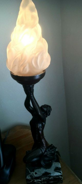 Art Deco table lamp - marble base - naked lady; rewired; flaming torch shade (k) 5