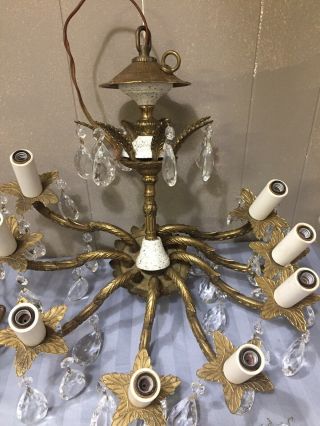 Vintage Antique 8 Arm Lamp Glass Crystal Prism Brass Chandelier Light Fixture