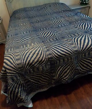 Antique Civil War Era Overshot Coverlet 3 Panels 74 " X 98 " Blue - Has Damage