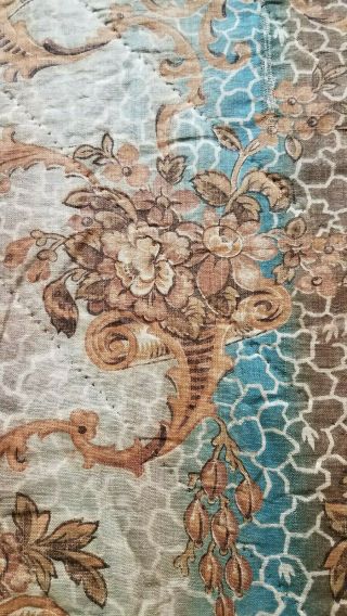 Antique Hand Sewn Whole Quilt French Fabric 1880s Victorian 74x88 Floral Blue
