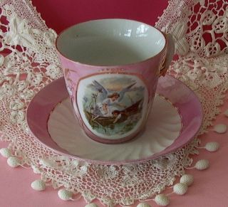 Antique Pink Luster Angel & Baby Scene Cup & Saucer Shabby Cottage Chic