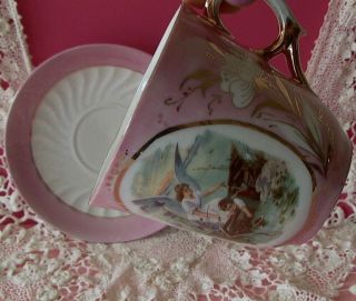 Antique Pink Luster ANGEL & Baby Scene CUP & SAUCER Shabby Cottage Chic 2