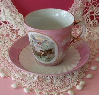 Antique Pink Luster ANGEL & Baby Scene CUP & SAUCER Shabby Cottage Chic 4