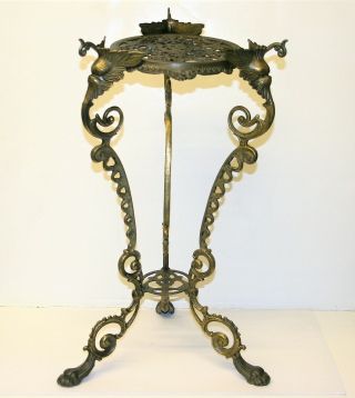 Antique Art Nouveau Ornate Brass Plant Or Display Stand Stylized Heads Decor