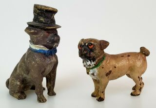 Antique C1900 Vienna Bronze Miniature Dog Figures - Pug & Bulldog W/ Top Hat