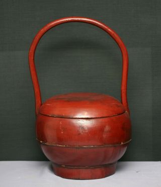 Stunning Antique Chinese Red Lacquered Wood High Handle Rice Basket Circa 1800s