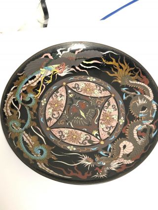Vintage Japanese Bronze Cloisonné Enamel Dragon Crane Bird Scene Plate 11 3/4 "