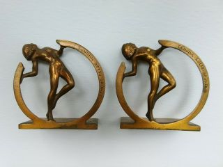 Antique Bronzed Art Deco Nouveau Nude Woman Dancer W/ Scarf Bookends Set Of 2