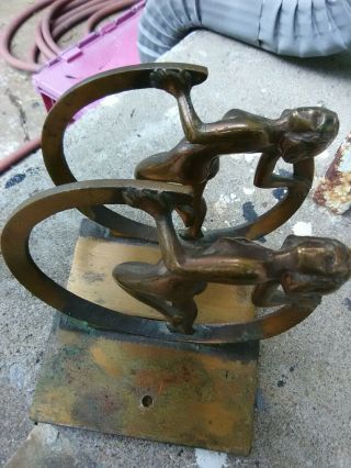 ANTIQUE BRONZED ART DECO NOUVEAU NUDE WOMAN DANCER w/ SCARF BOOKENDS SET OF 2 8