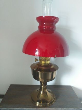 Vintage Alladin 23 Oil Lamp With Red Shade & Clear Glass Chimney